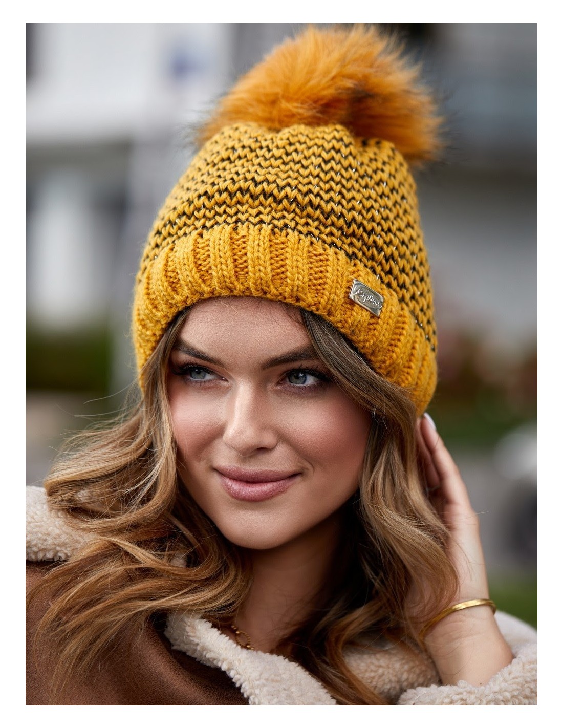 Honey herringbone winter hat C44 - Online store - Boutique